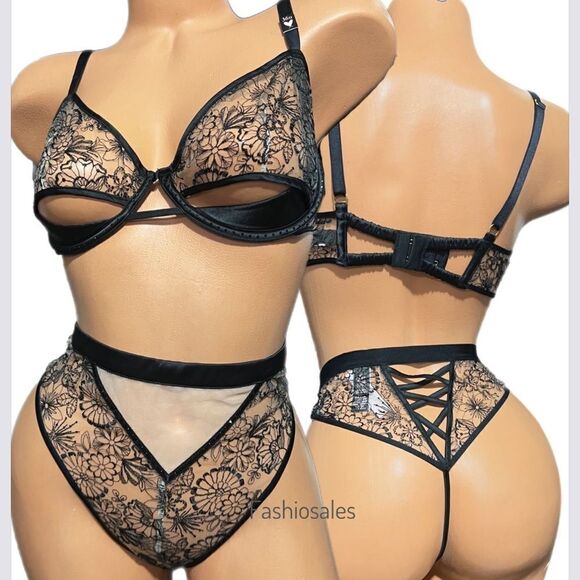Victoria’s Secret Set Sexy Cut out mesh Rhinestones Demi Bra & High Waist thong - Picture 3 of 14